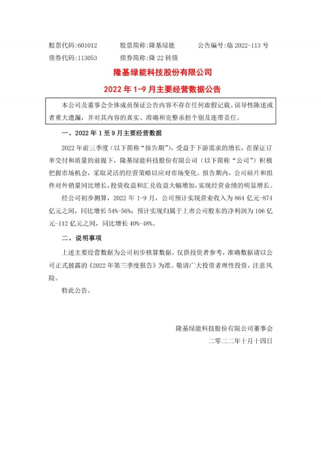 隆基綠能：營收或超864億，預(yù)計前三季凈利或在106億元-112億元之間