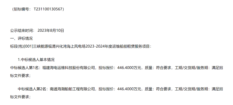 三峽能源風電運維船租賃公布中標候選人