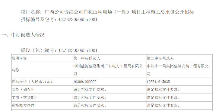 國能廣西公司貴港白花山風電場（一期）項目施工總承包中標候選人公示